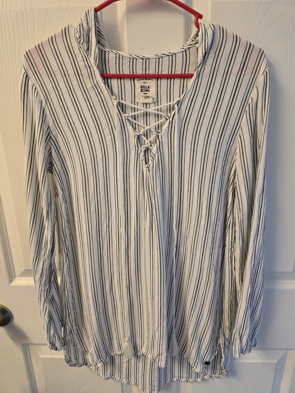 Billabong Women's White Striped Lace-Up Long Sleeve Top